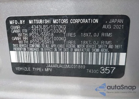 2021 Mitsubishi Outlander Sport 2.0 Es Awc z USA, uszkodzony, nr VIN JA4ARUAU2MU031889